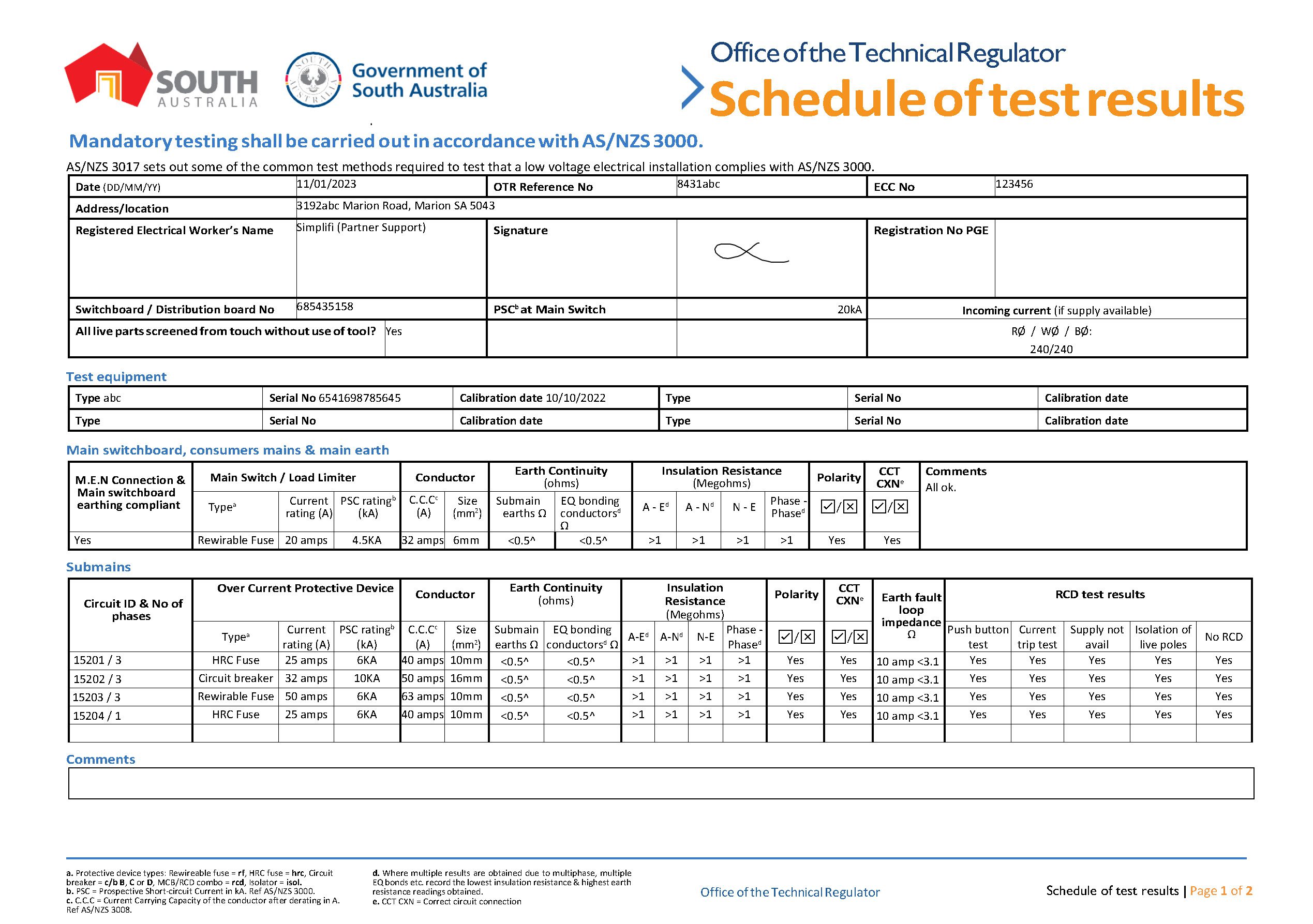 Simplifi ServiceM8 Form Example - Schedule of Test Results SA - Page 1