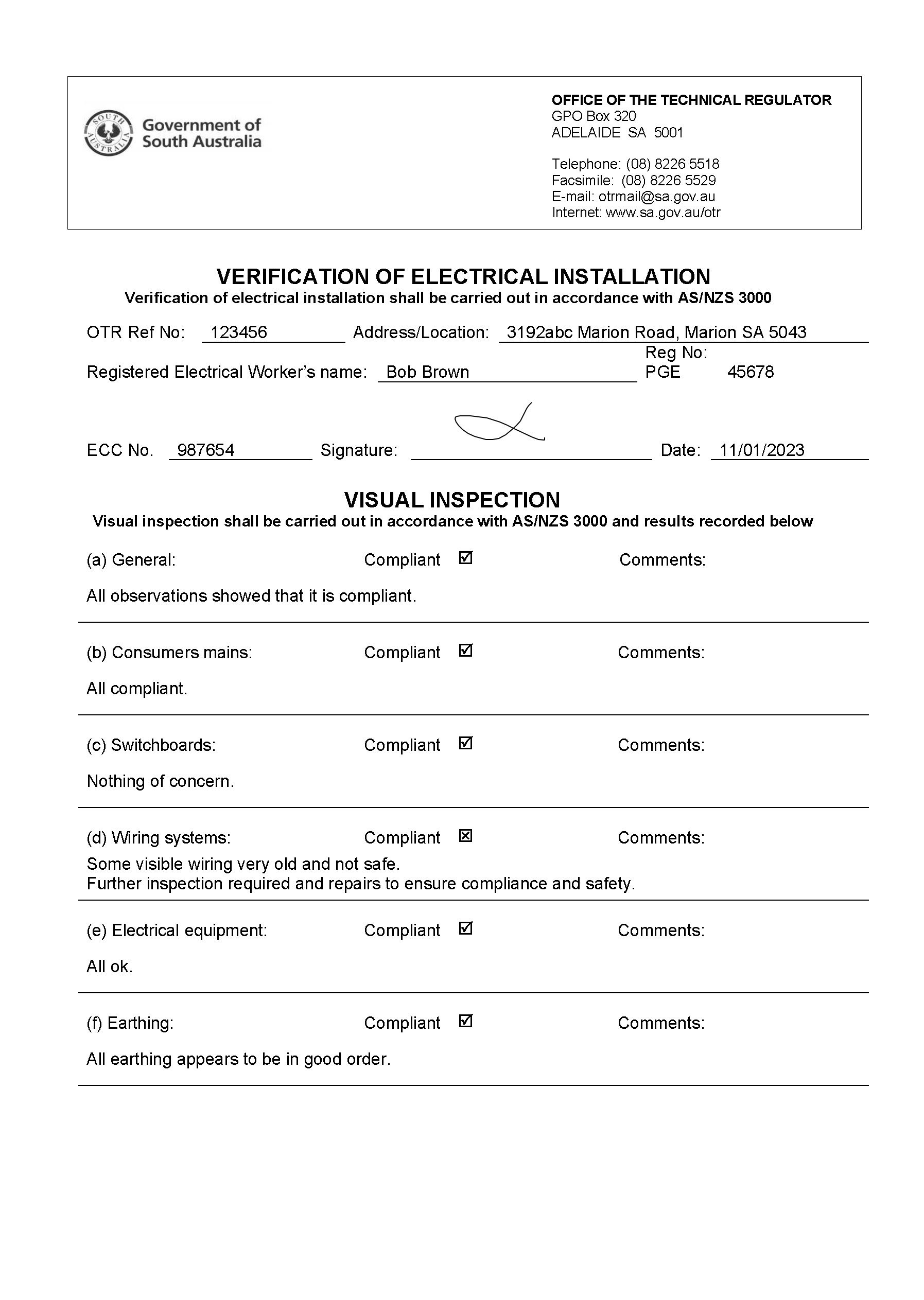 Simplifi ServiceM8 Form - Visual inspection and verification SA Gov - Example 1