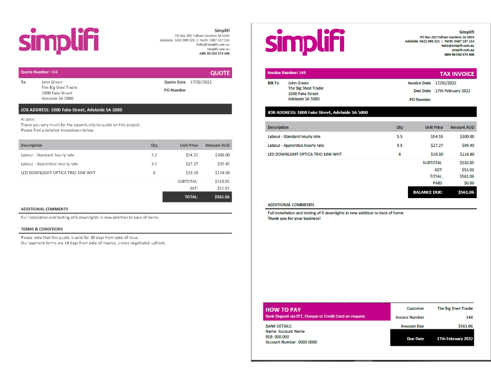 Basic Quote and Invoice pack for ServiceM8 by Simplifi