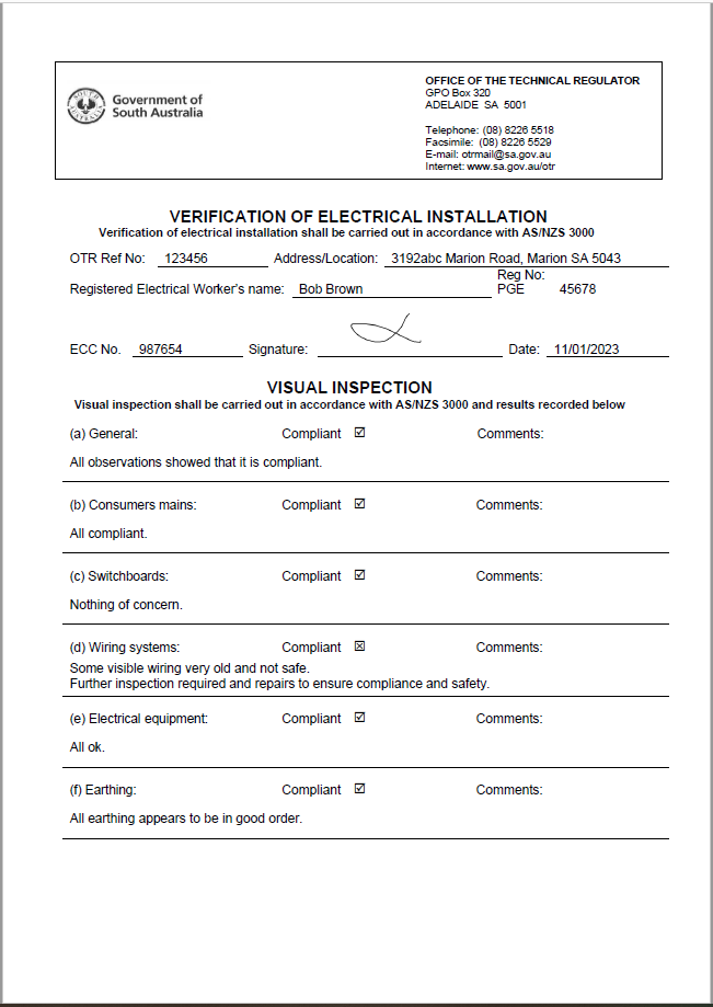 Electrical Visual Inspection and Verification SA Gov - ServiceM8 Form by Simplifi