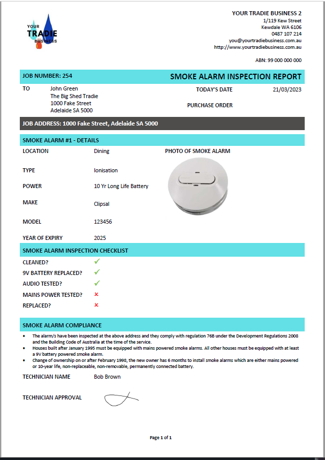 Smoke Alarm Inspection Report 1 alarm - ServiceM8 Form by Simplifi