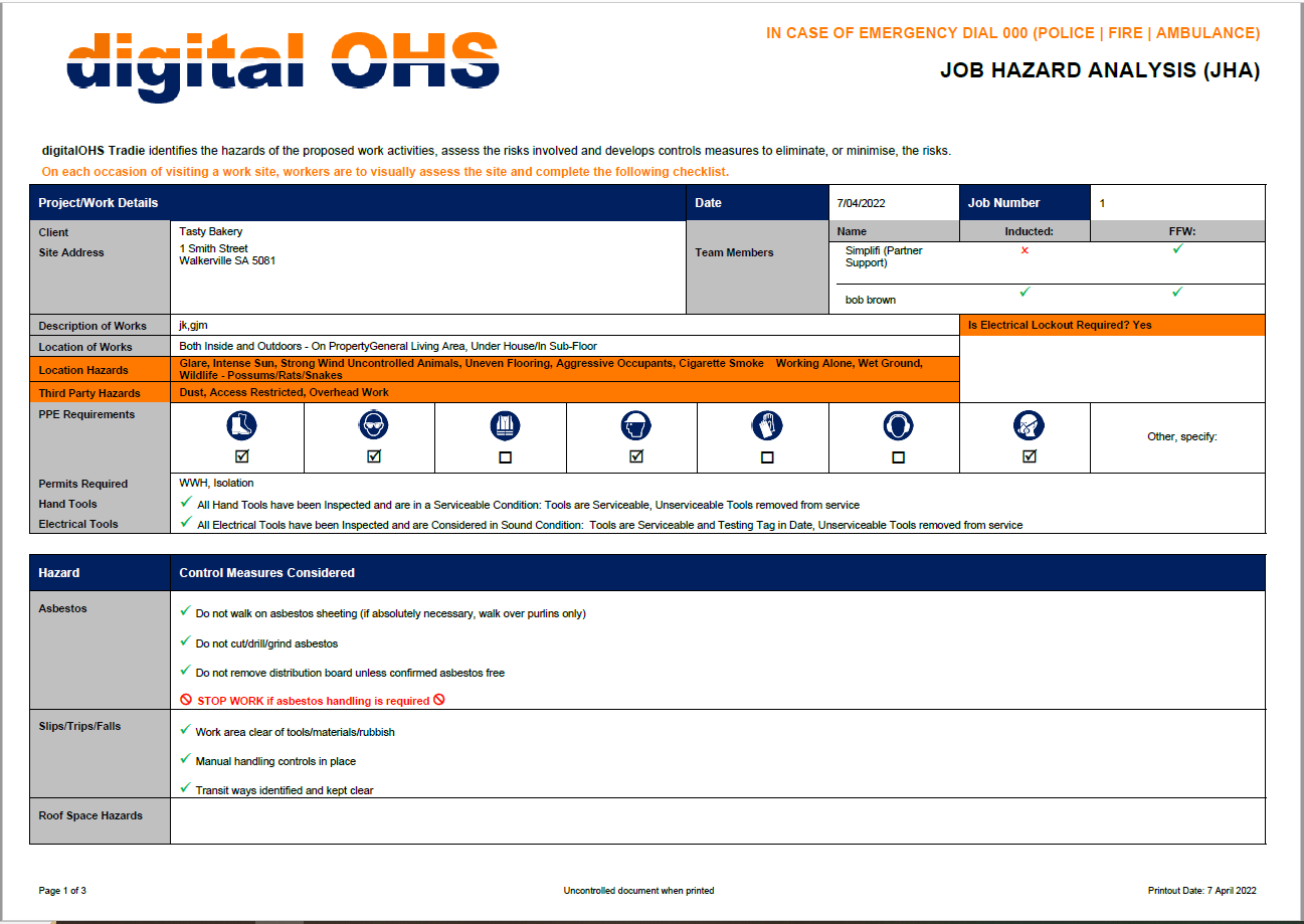 JHA JSA Form digitalOHS ServiceM8 Form by Simplifi - Front Page